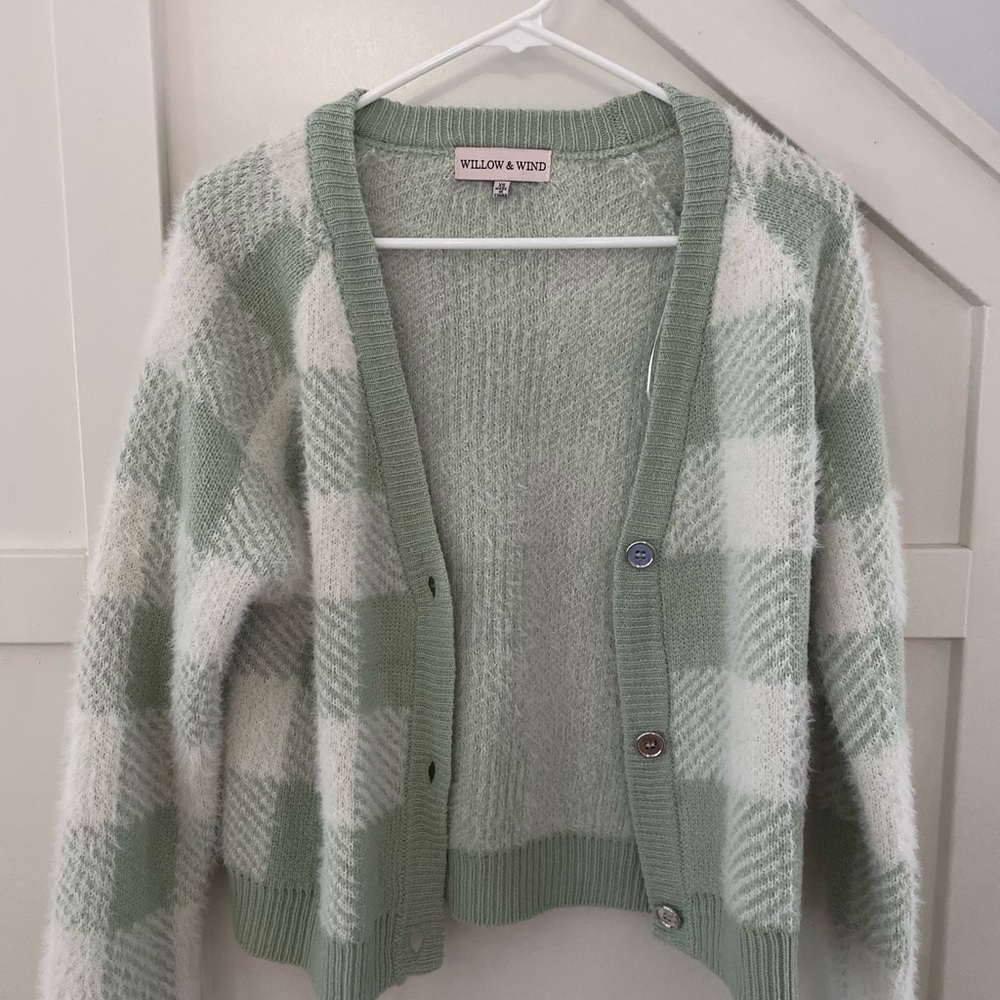 XS Willow and wind sage and White Knit Open-Front Cardigan
